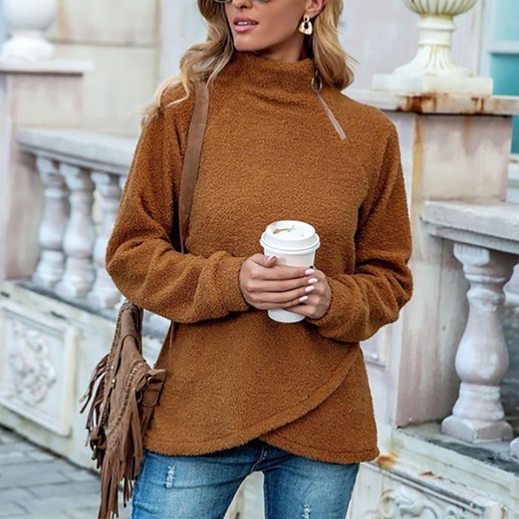 Women's Irregular High Neck Plush Casual Sweatshirt Zipper Loose Top