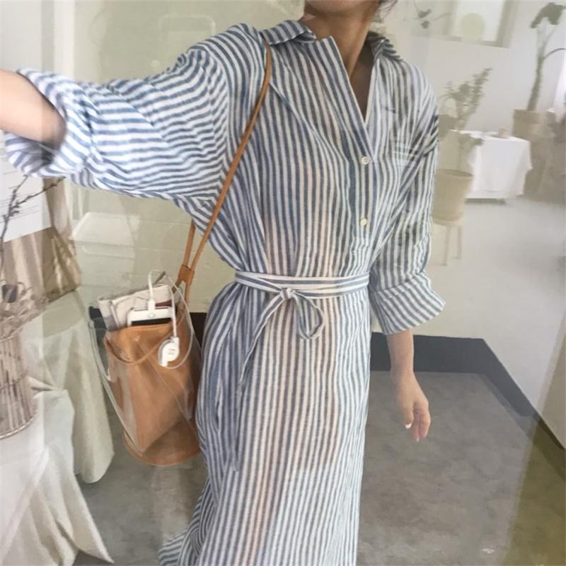 

DIMANAF Летнее платье больших размеров, платье-рубашка, пляжный сарафан с длинными рукавами, повседневная женская одежда в полоску, большое синее платье 2022, новое платье One Size синий