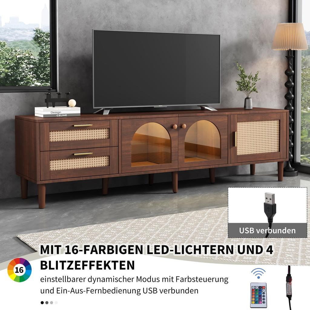 TV Board TV-Schrank Lowboard 2 Schubladen, 2 gewölbten Glastüren, 1 Rattan-Tür, TV-ständer Fernseher bis zu 80 Zoll, 180 cm, Wohnzimmer, Braun