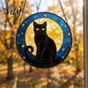 Unique Birthday Gift for Her Halloween Moon Black Cat Suncatcher Jigsaw Puzzle, 2D Acrylic Mystical Feline Window Hanging Tiffany Style Light