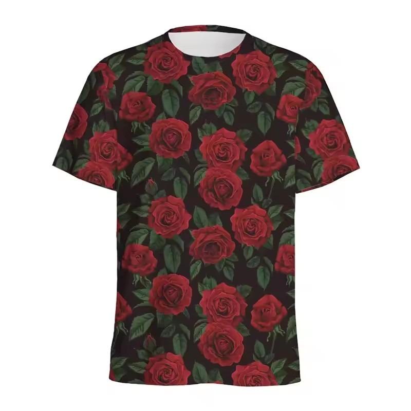 Rote Blumen Rose 3D-Druck T-Shirt Romantisch Lustig Kurzarm Rundhals T-Shirt Herrenbekleidung 2024 Sommer Neu Atmungsaktives T-Shirt