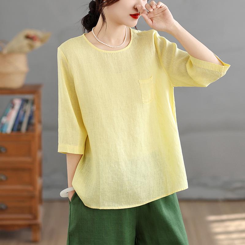 

Summer 2026 Women s Artistic Cotton Linen T-shirt with Pocket Design Double Extra Large світло-жовтого кольору