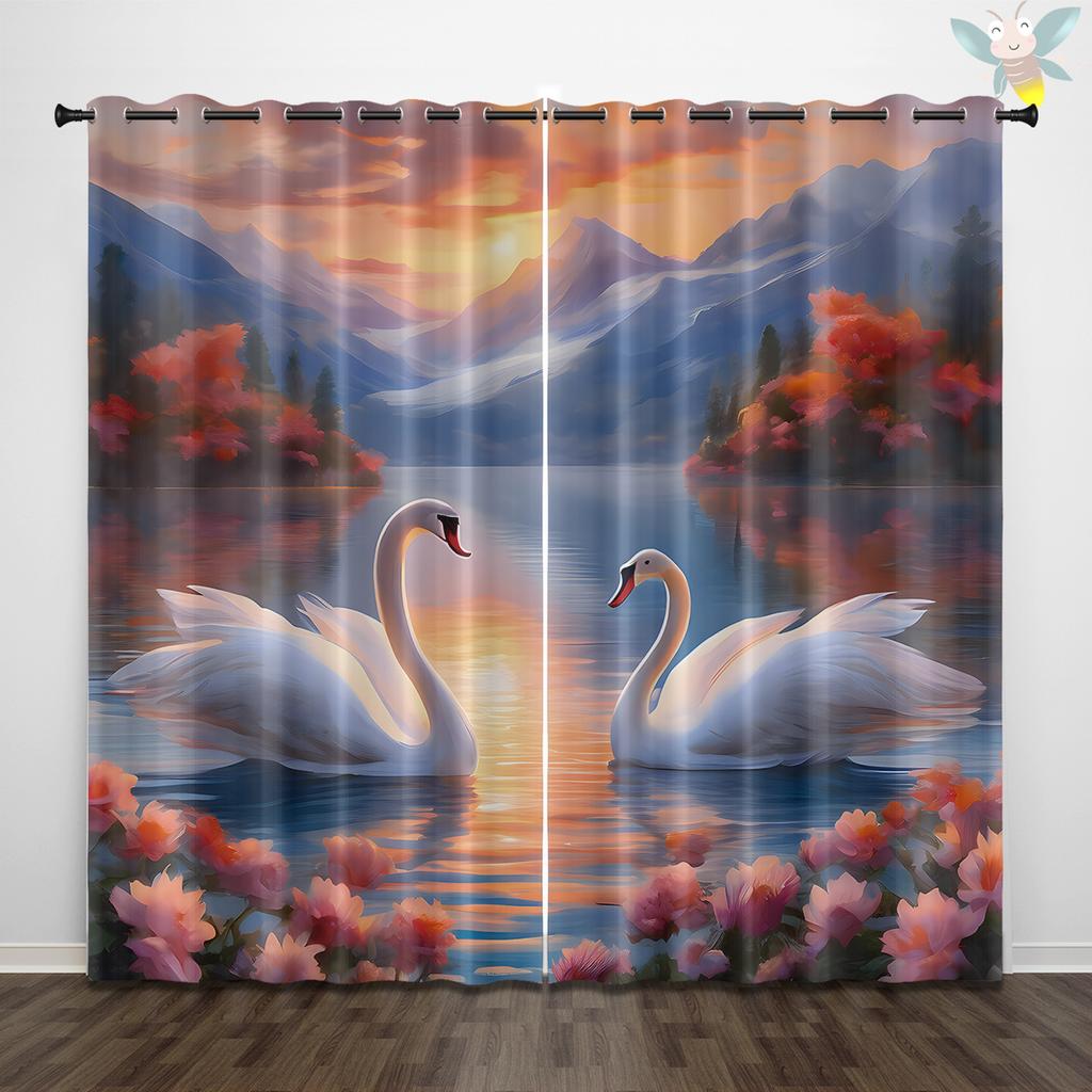 2 Pieces of Beautiful and Elegant Swan Patterned Printed Curtains, Used for Decoration, Bedrooms, and Living Rooms