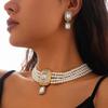 Imitation Rhinestone Necklace Earrings Luxury Choker Necklace Set Pearl Multilayer Necklace  Ladies