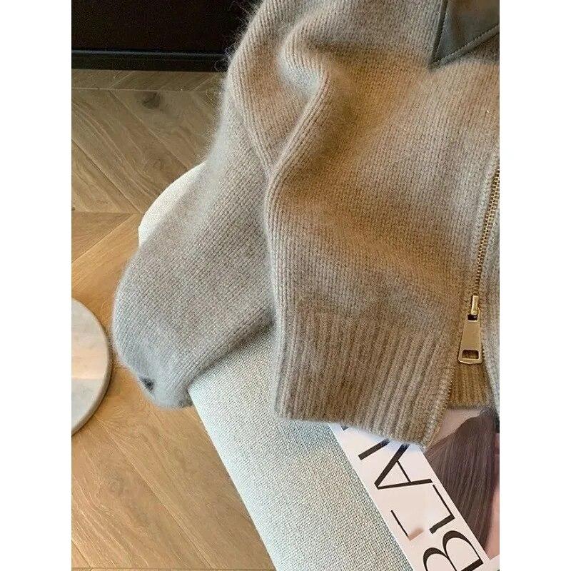 Polo Leather Collar Double Zipper Cardigan Women's Knit Short Coat  Long Sleeve Sweater Slim Retro Style Fashion Autumn Winter