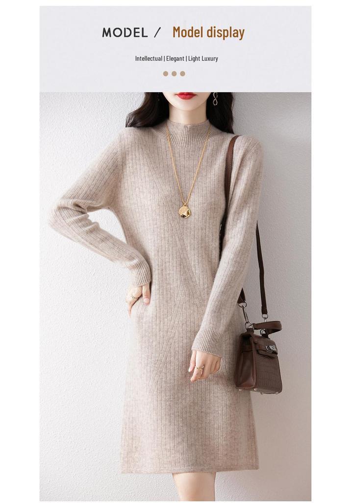 2024 Autumn/Winter Women's Slim Fit Wool Midi Dress with Wide Stripes and Half-High Collar