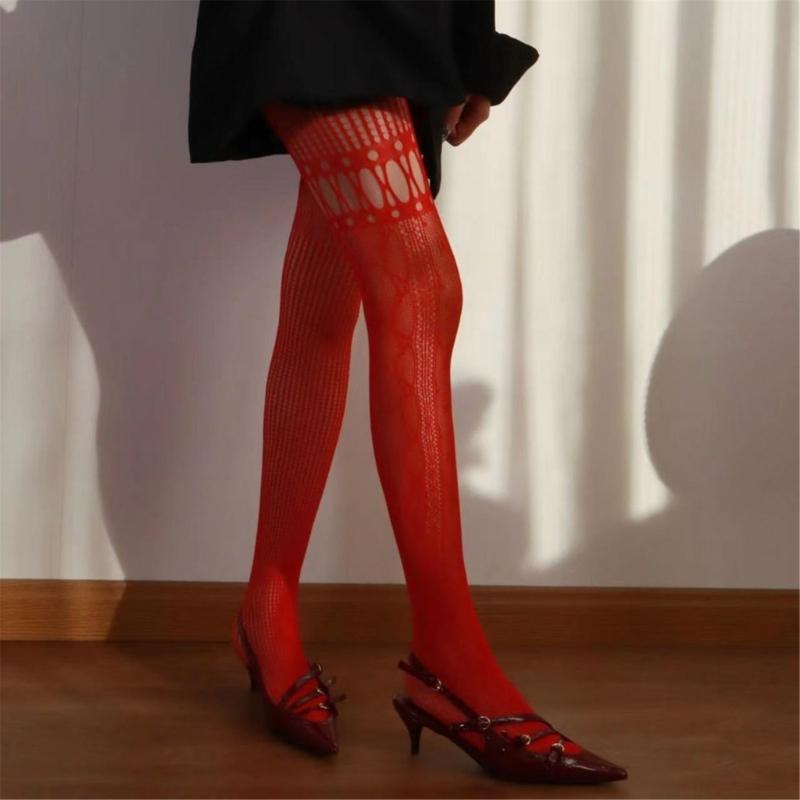 Women Aesthetic Sexy Hollowed Out Fishnet Pantyhose Asymmetrical Lace Patchwork Patterned See Through Tights Stockings