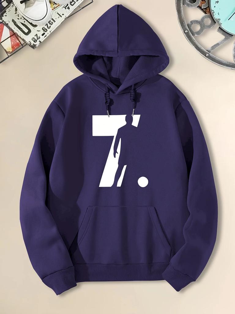Autumn and Winter Men's Hoodie with Number 7 and Football Player Silhouette Print Men's Street Casual Sweatshirt Hooded Pullover