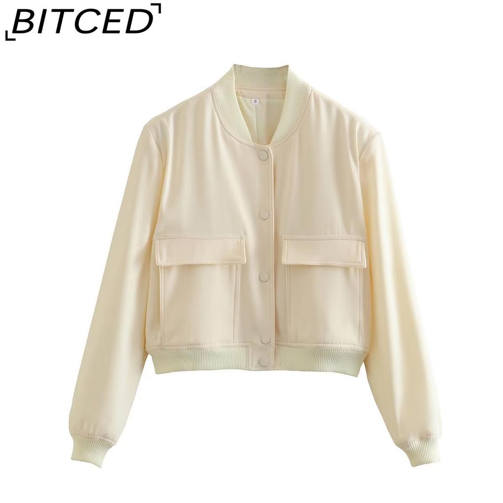 BITCED Spring Women's Oversized Pocket Jacket with Stand Collar