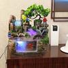 Desktop Fountain Waterfall with Rockery Indoor Relaxation Tabletop Resin Ornament with Light Bird & Fisherman for Home