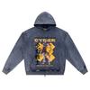 DTG Print Knitted Denim Zip-Up Hoodie Cyber Japanese Brother Print Zipper Hoodies  