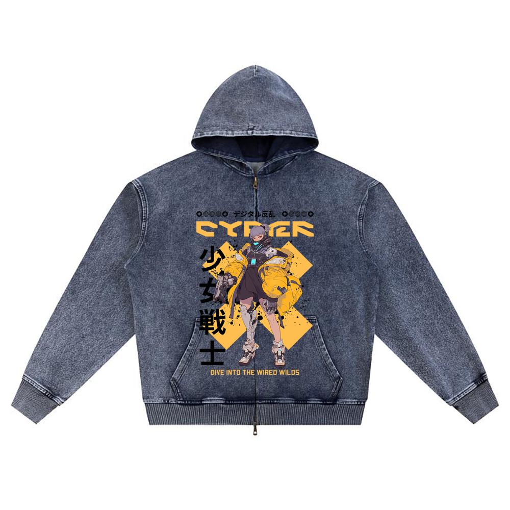 DTG Print Knitted Denim Zip-Up Hoodie Cyber Japanese Brother Print Zipper Hoodies