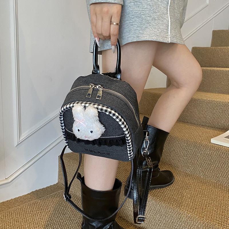 Sweet Denim Backpack Women's New Fashion Cute Rabbit Small Schoolbag Autumn Contrasting Color Backpack