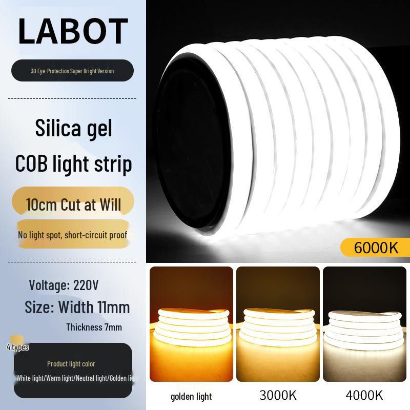 Outdoor Waterproof LED Strip Light, 220V COB, Self-Adhesive, Super Bright White, Suitable for Living Room and Ceiling.