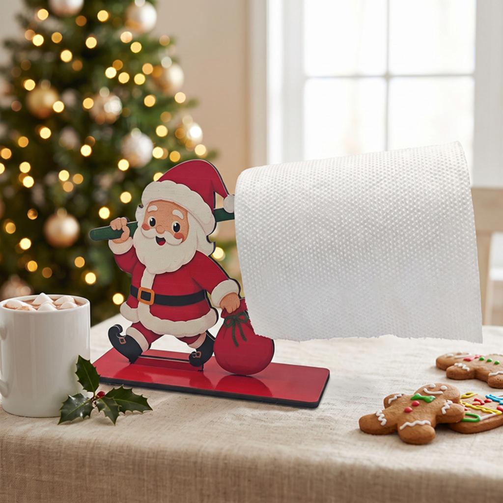 Wooden Christmas Tissue Box Holder with Snowman Santa and Design, Festive Tabletop Decoration