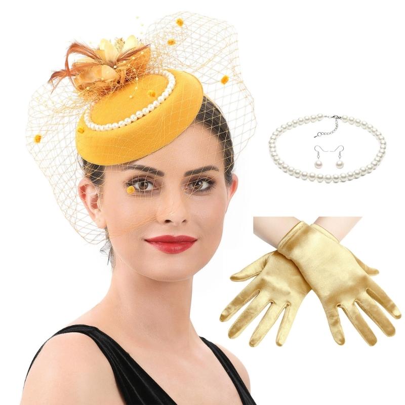 2025 Derby Hat For Women Feather Fascinator Hat and Necklace Earring Lace Short Gloves Set For Teas Party Church Wedding