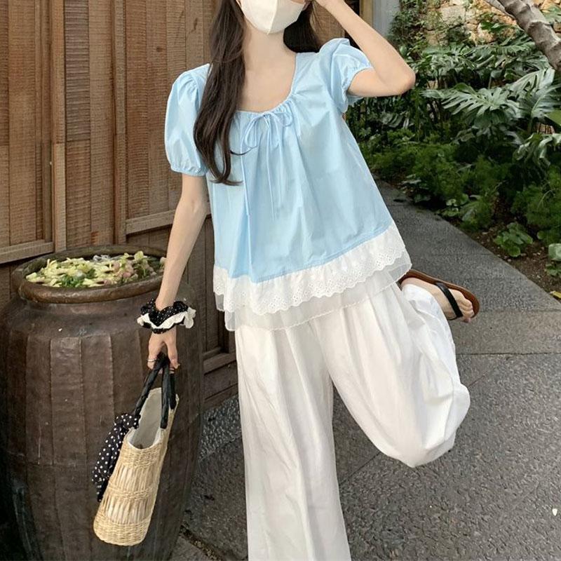 Sweet Puff Sleeve Loose Blouse Female Clothing Fashion Lace Spliced Summer French Style Square Collar Drawstring Casual Shirts