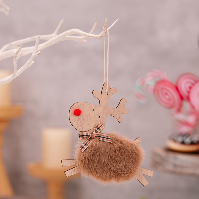 1PC Cute Christmas Tree Decor Xmas New Year Xmas Party Decor Wooden Plush Deer Pendant