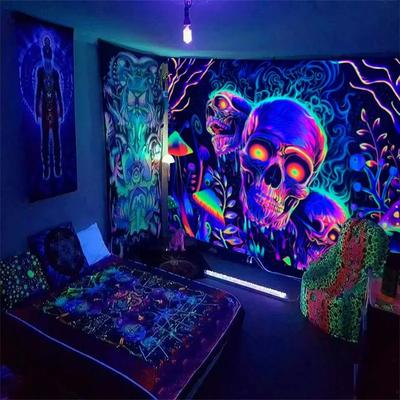 Skull Flower Uv Fluorescent Tapestry Needs Uv Illumination Aesthetic Decorative Wall Hanging For Bedroom