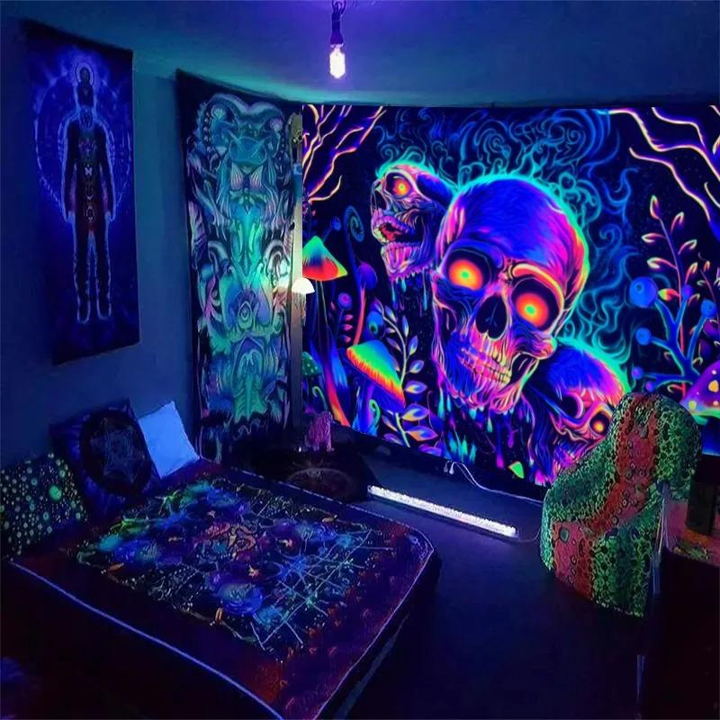 Skull Flower Uv Fluorescent Tapestry Needs Uv Illumination Aesthetic Decorative Wall Hanging For Bedroom