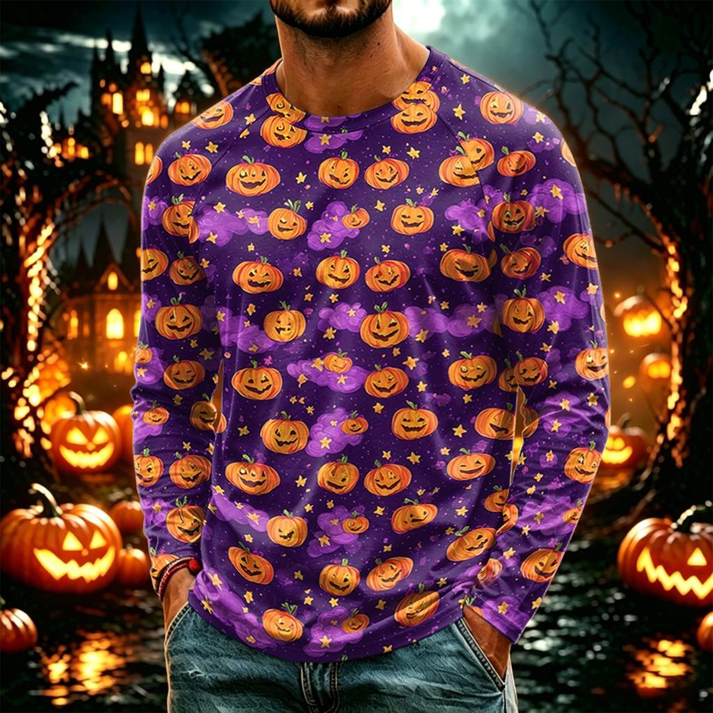 Men's Halloween Printed Long Sleeve T-Shirt, Lightweight Casual Crewneck Top