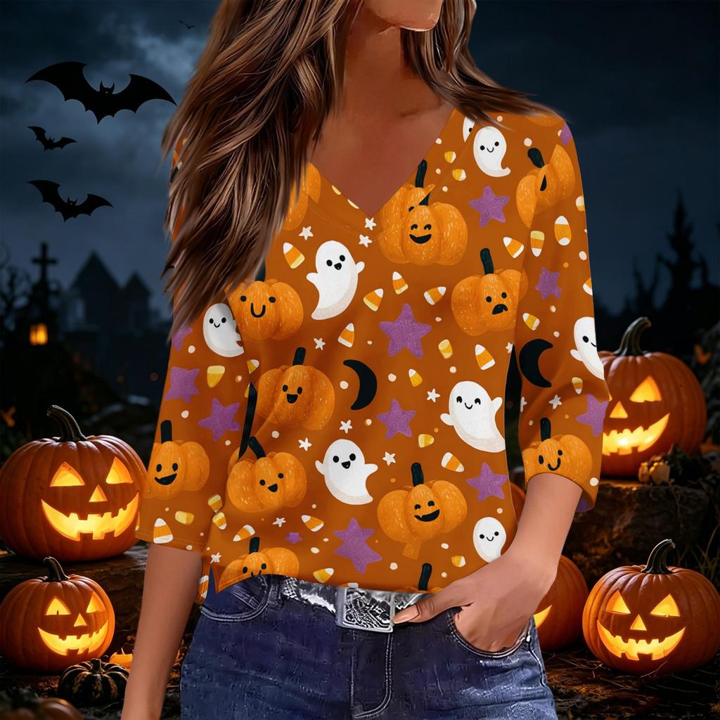 Women's Casual Halloween Print V Neck Top Three Quarter Sleeve Lightweight Blouse for Seasonal Wear