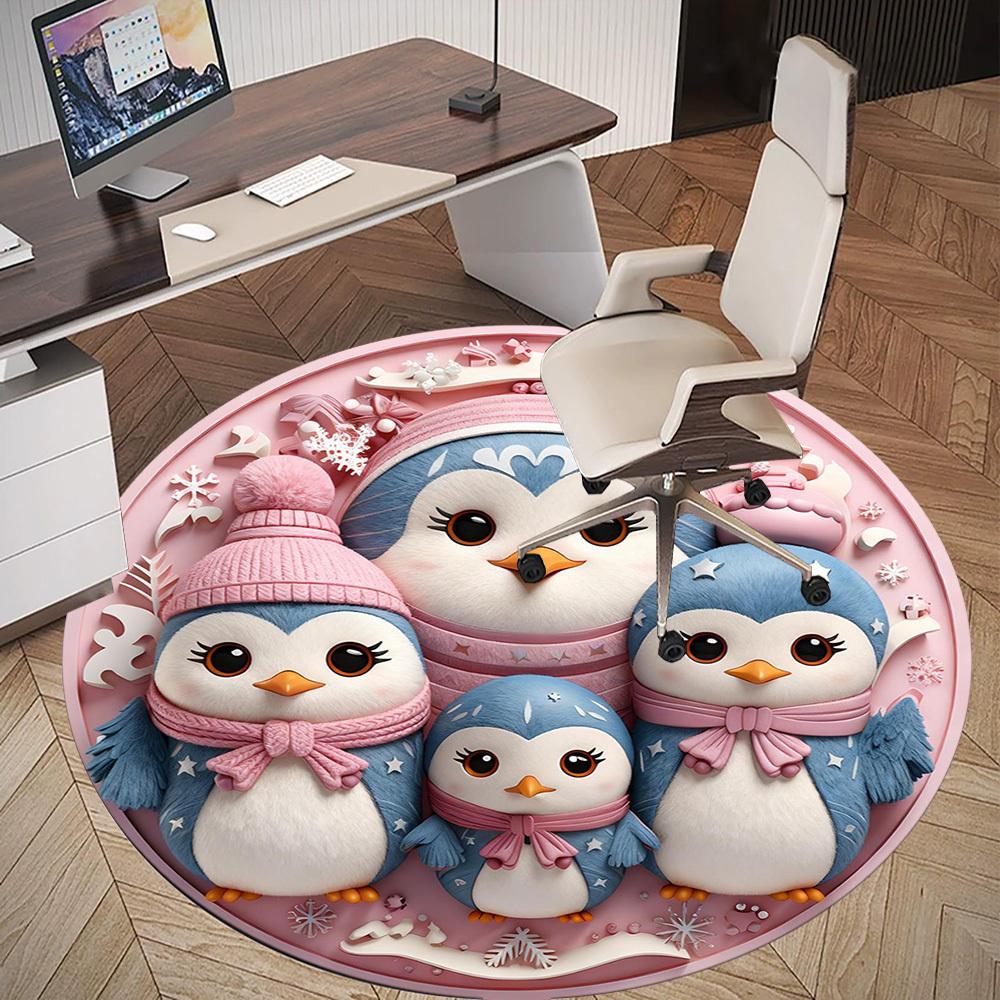 1pc Penguin Family Round Chair mat office Area Rug - Non-Slip, Floor Mat for Office, Bedroom, Ideal home decor gift c0112006