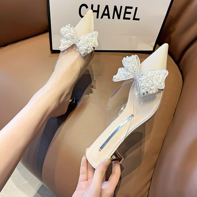 2025 Summer New Shoes Slippers Women's Xia Liang Bag Head Medium Heel Thick Heel Shoes Half Slippers Wear Pointed Single Shoes Drag