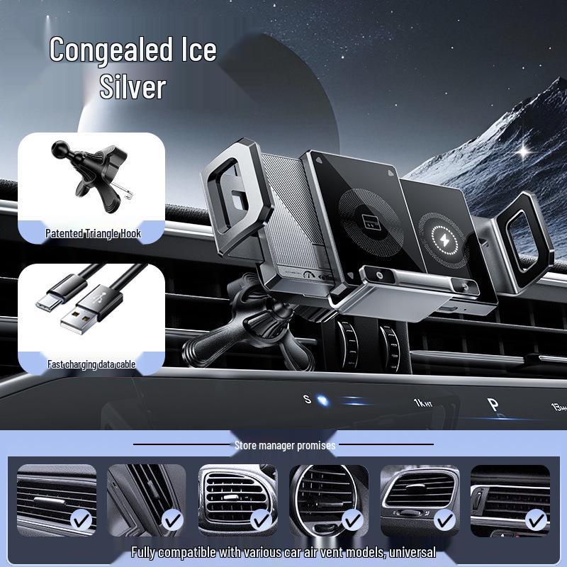 Electric Foldable Phone Holder with Wireless Charging & Clamping Arm for Horizontal/Vertical Car Mounting