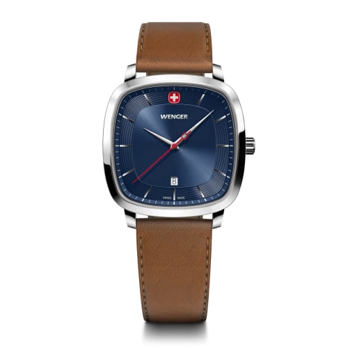 

WENGER VINTAGE CLASSIC Men s Watch, Stainless Steel Case (316L), Blue Dial, Brown Recycled Leather Strap, Quartz Movement, 50m Water Resistance, Analo