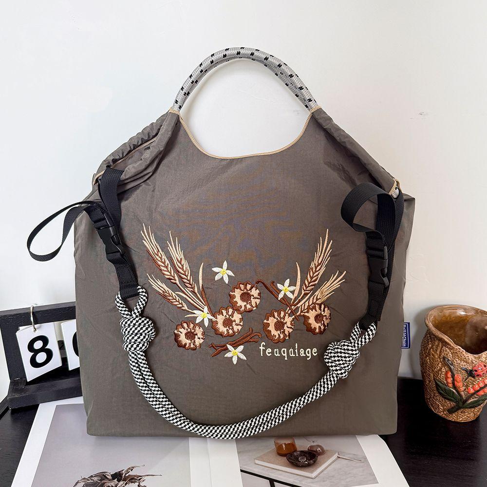 Large Capacity Embroidered Eco Nylon Shopping Tote - Versatile Shoulder/Handheld/Crossbody Bag