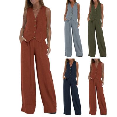 Conjunto de duas peças de linho, colete chique, calças largas, roupa feminina de escritório, corte slim, terno de verão para trabalho, festa, férias