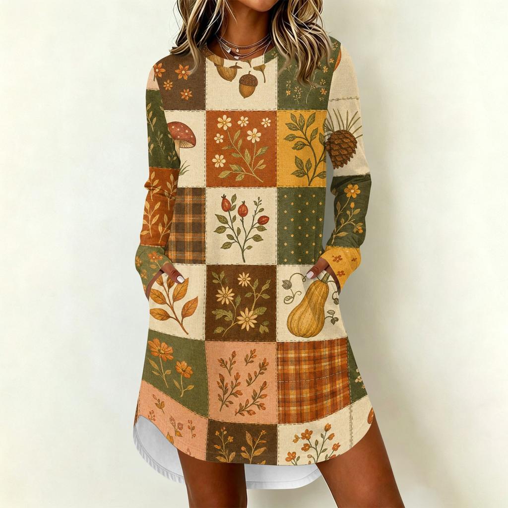 Women's Casual Floral Print Long Sleeve Round Neck Dress