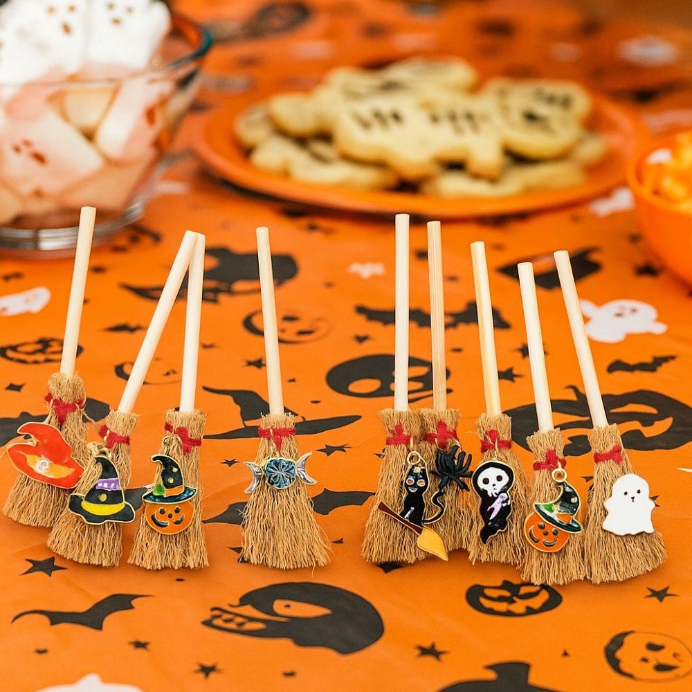 Spider Ghost Halloween Broom Wooden Red Rope Broom Mini Broom Pendant  Halloween Festival