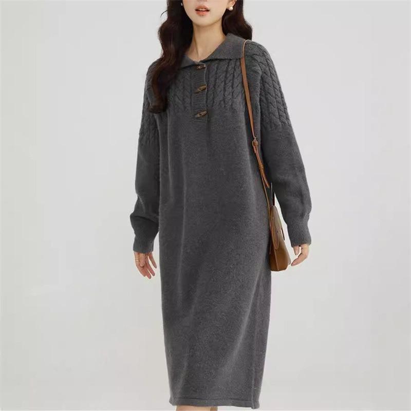 Fashion Casual Lapel Knitted Dress Women's Autumn and Winter New Loose Medium and Long Sweater with Bottom Skirt
