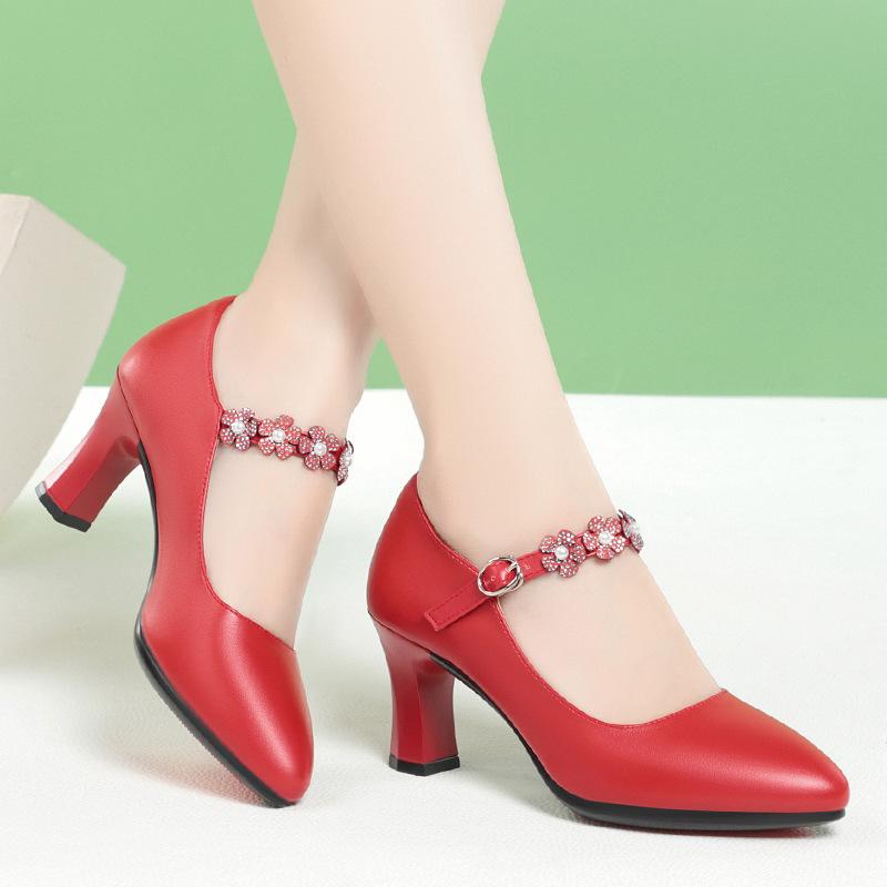 fashion 2024 Women Pumps Flower Mary Jane shallow mouth Shoes  One-line Buckle Pointed Toe Medium Elegant Heels Soft Leather Dance Shoes