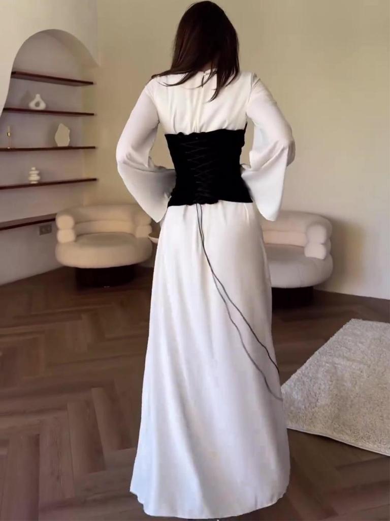 2025 Black & White Patchwork Waist-Cinched Slimming Dress for Women - Autumn Long Skirt