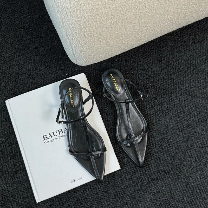 

2025 летние туфли-лодочки с острым носком и открытым носком в стиле феи, сандалии на каблуке с ремешком с надписью и пряжкой, женская обувь, модная обувь 40 чёрный