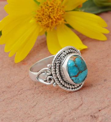 Im Labor hergestellter blauer Kupfer-Türkis Edelstein Boho Designer Statement Ring, 925 Sterlingsilber Ring, Böhmischer Ring