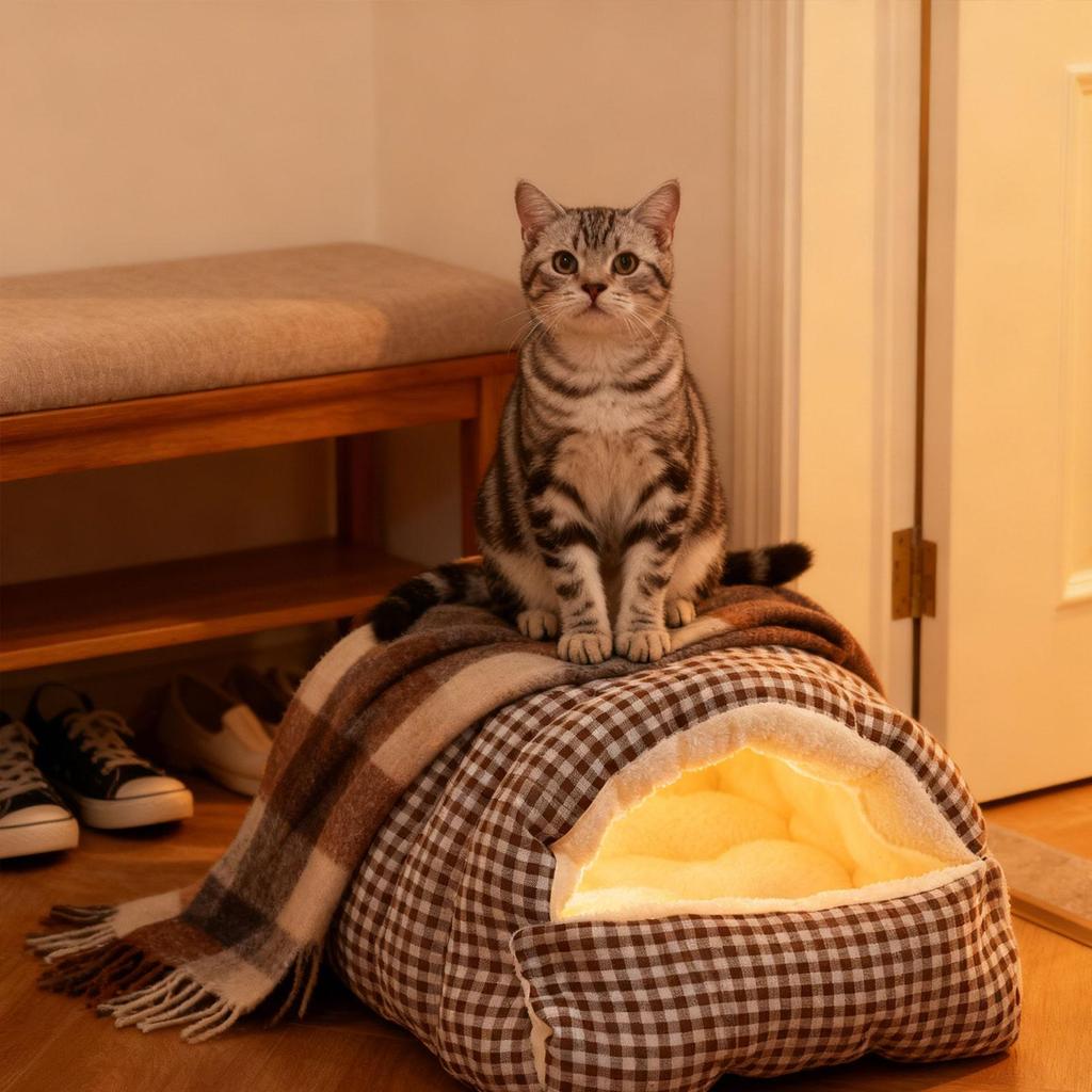 Self Heating Dog Cat Bed Flannel Kennel Cave House Cozy Cat Hideout Removable Pillow for Indoor Cat Enclosure
