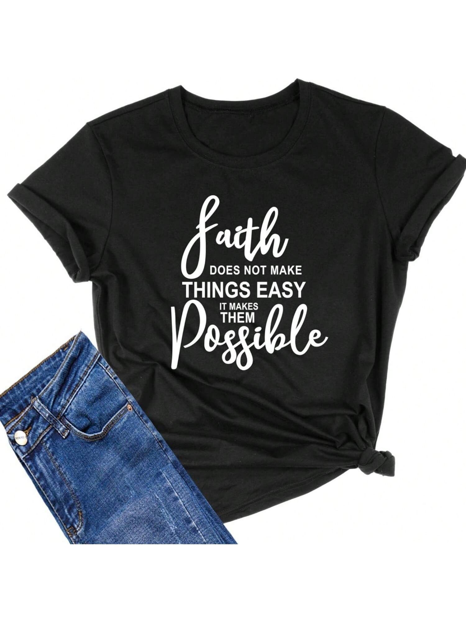 MIMOORN Wounisex s O Neck Faith Letter Print T-Shirts Short Sleeve Graphic Tees Tops S
