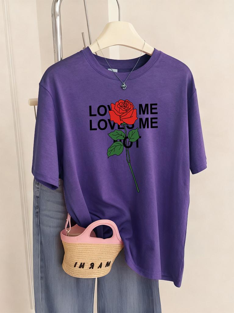 Loved Me Rose Flower Printed TShirts Women Casual ONeck Short Sleeve Tops Comfortable Loose T Shirt Summer Soft Womans Clothes