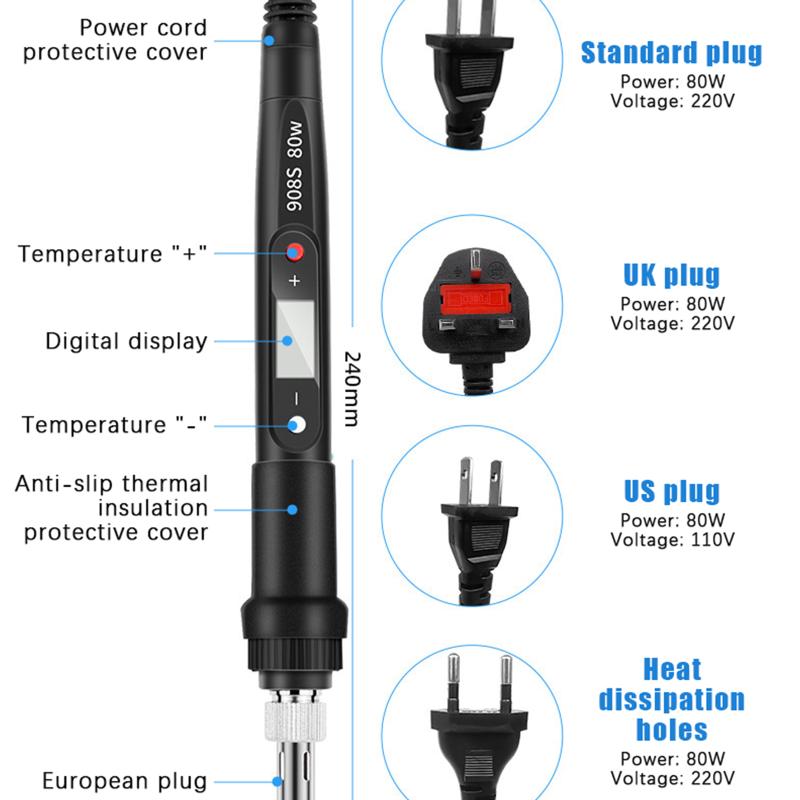 80W Digital Electric Soldering Iron Set Kit 220V 110V Temperature Adjustable LCD Display Solder Welding Iron Tool Tips
