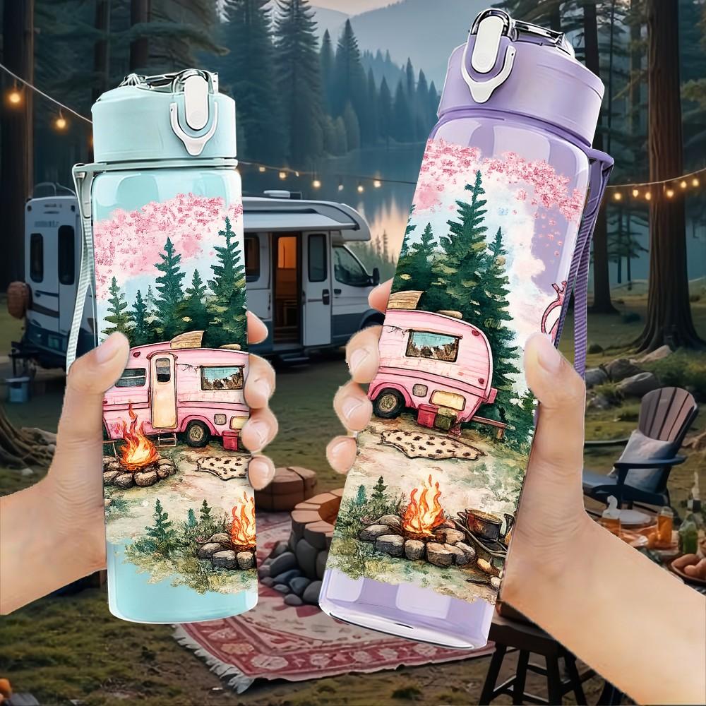 1PC Retro Camper Van Forest Travel 750ml Color Plastic Sports Water Bottle Leakproof Flip Straw Lid Suitable for Sports Office Home Use