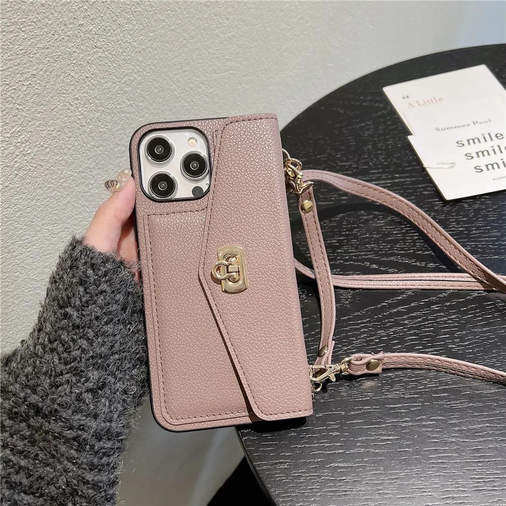 Kožená Luxusní Peněženka Crossbody Pouzdro na Telefon pro IPhone 16 15 14 Plus 11 12 13 Pro Max Přihrádka na Karty Držák Stojánek Dlouhý Lanyard Kryt