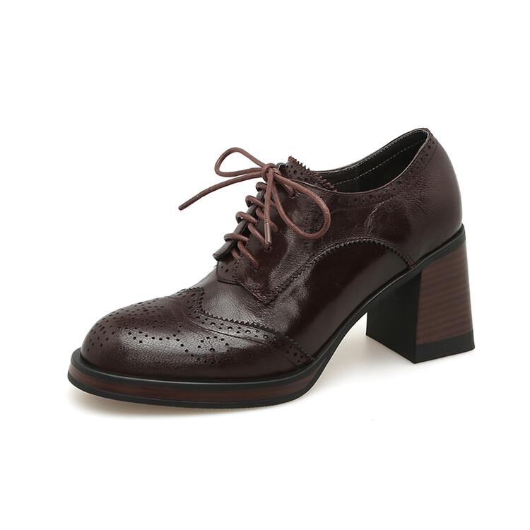 

Мода Новая Весна Натуральная Кожа Женская Обувь Круглый Носок Женские Туфли-Лодочки Дизайн Броги Обувь для Женщин Высокий Каблук Шнуровка Лоферы Женская Обувь 40 коричневый