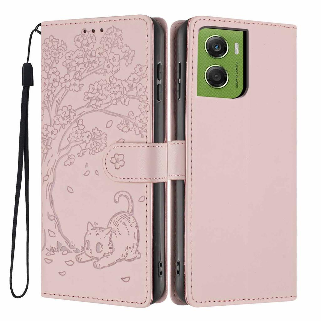 For Motorola Moto G06 4G/G06 Power 4G Stand Case Tree-and-Cat Pattern PU Leather Wallet Protective Phone Cover with Wrist Strap