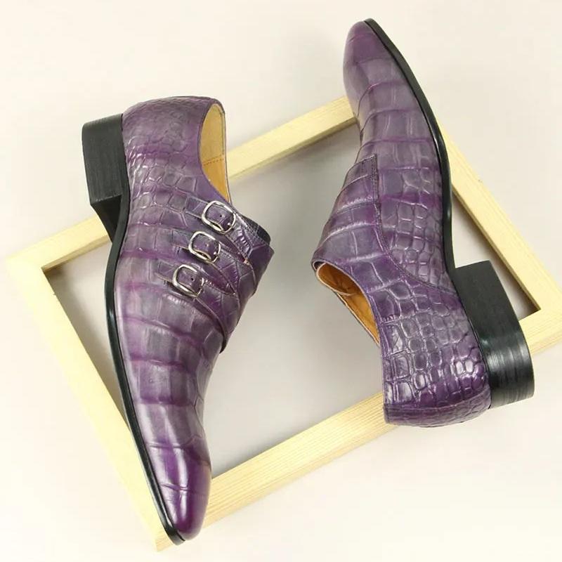 Fashion Wholesale Men's Leather Shoe Handmade Crocodile Pattern Engraved Office Business Wedding Party Fashion Shoe Leather Shoes Purple