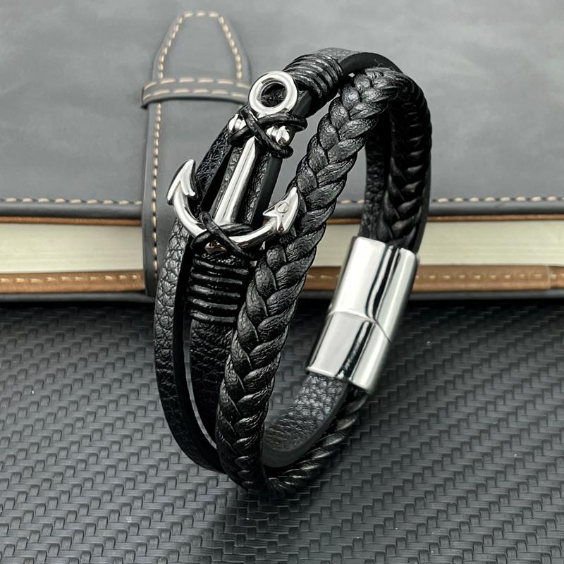 Fashion Charm Cross Men Bracelet Multilayer Leather Bracelet Punk Jewelry Stainless Steel Magnetic Clasp Bangles Boho Bracelet