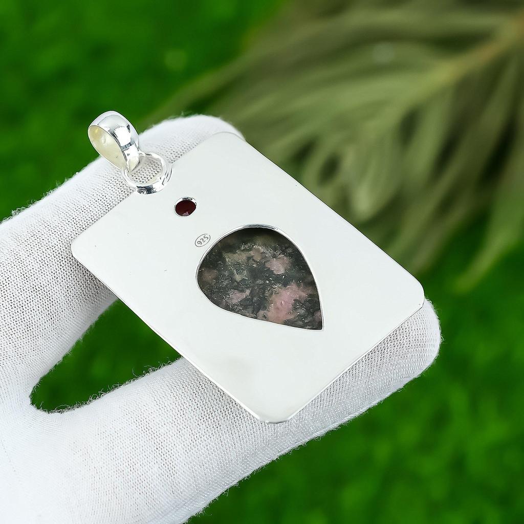 Natural Rhodonite Gemstone Pendant Handmade 925 Sterling Silver Indian Jewelry